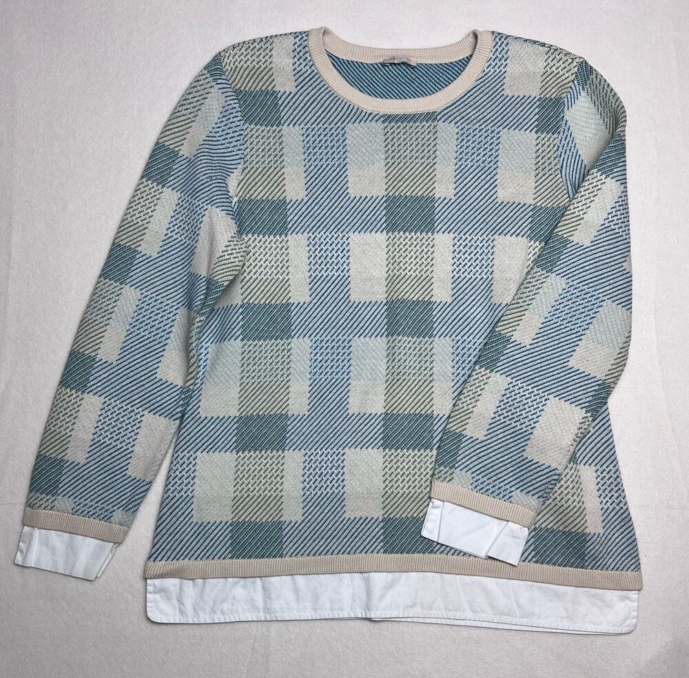 Talbots Shirt Tail Sweater Faux Cuffs Beige Blue Checkered Cotton Size Med
